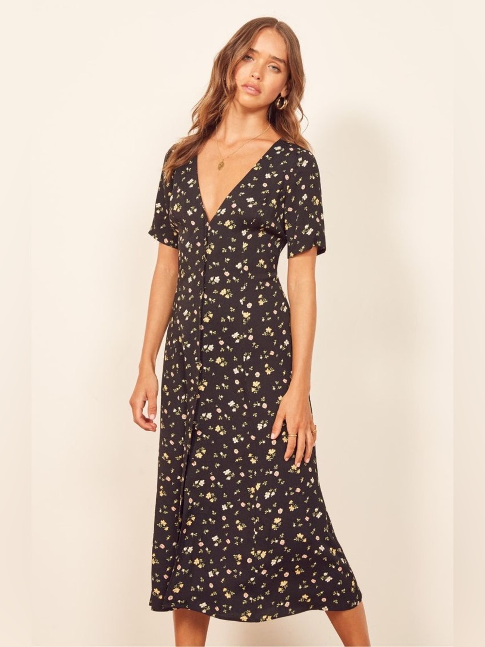 Reformation Black Floral V-Neck Midi Dress Size 6
